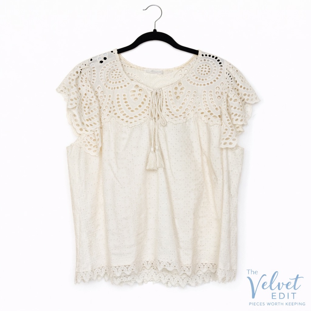 Jennifer & Grace Cream, Eyelet Lace Boho Blouse | Size L